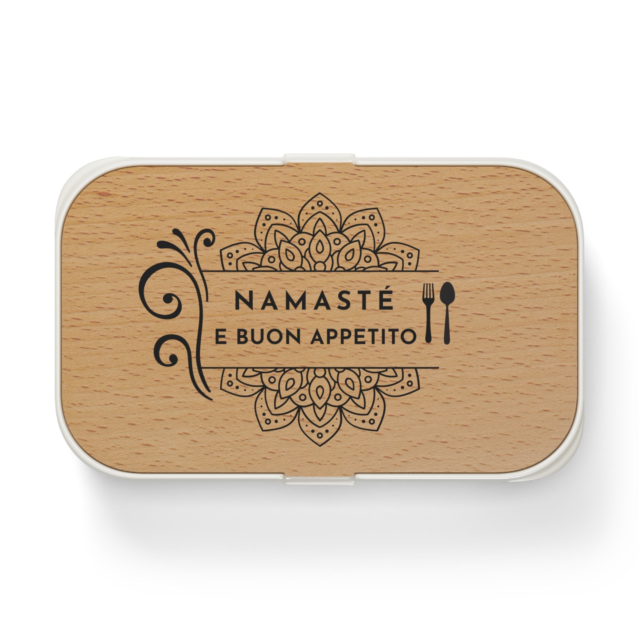 ersonalisierte Brotdose mit Holzdeckel und Namaste-Gravur Amore und Pasta
