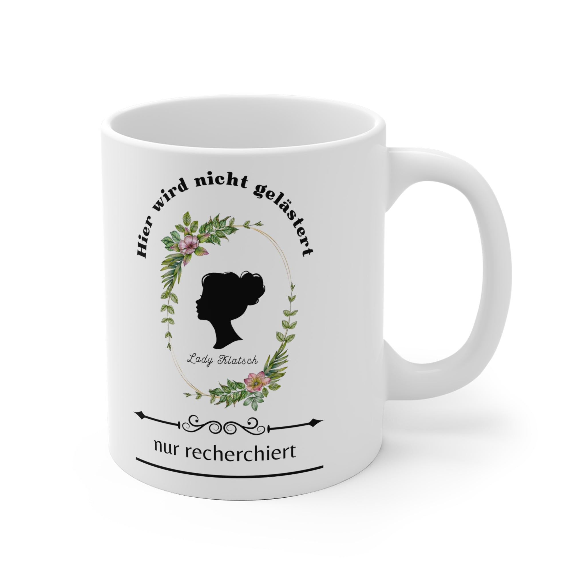 Rückseite der Alltagsheldinnen Bürotasse mit floralem Design.