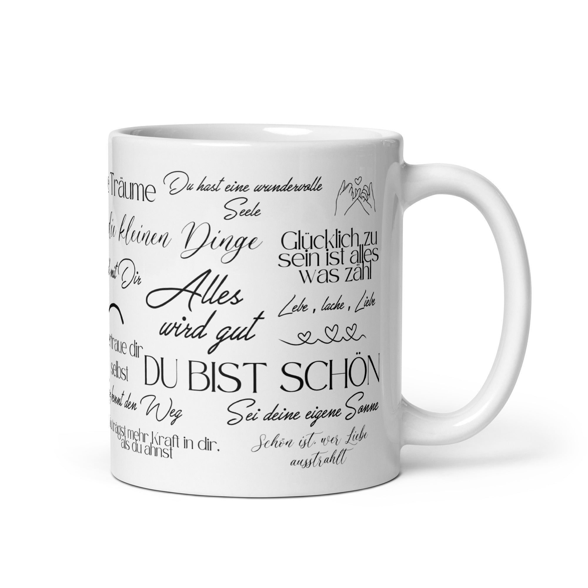 Seitenansicht der Tasse mit dem vollständigen Textdesign und dem ergonomischen Griff.